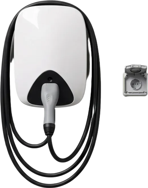 Wall charger with a Type 2 cable and a reinforced socket for electric vehicles.