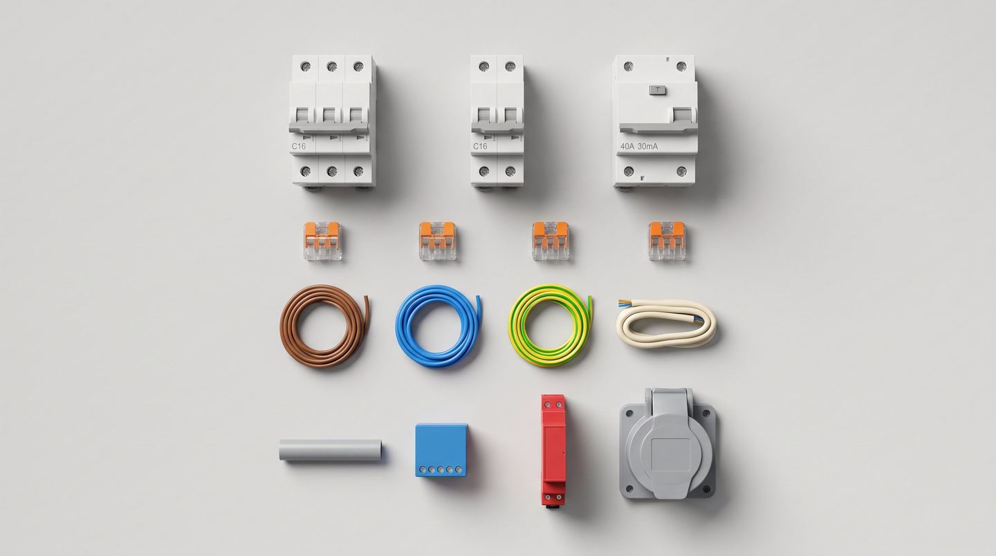 Components of an electrical installation laid out in a grid: circuit breakers, an RCCB, connectors, wire, cable, conduit, automation modules and a socket with a cover.